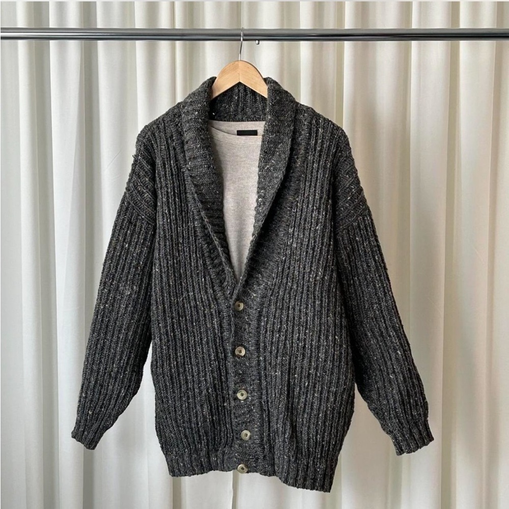 VTG 1990s Lands’ End 100% Wool Chunky Ribbed Knit Grey Speckled Grandpa Sweater - Picture 4 of 8